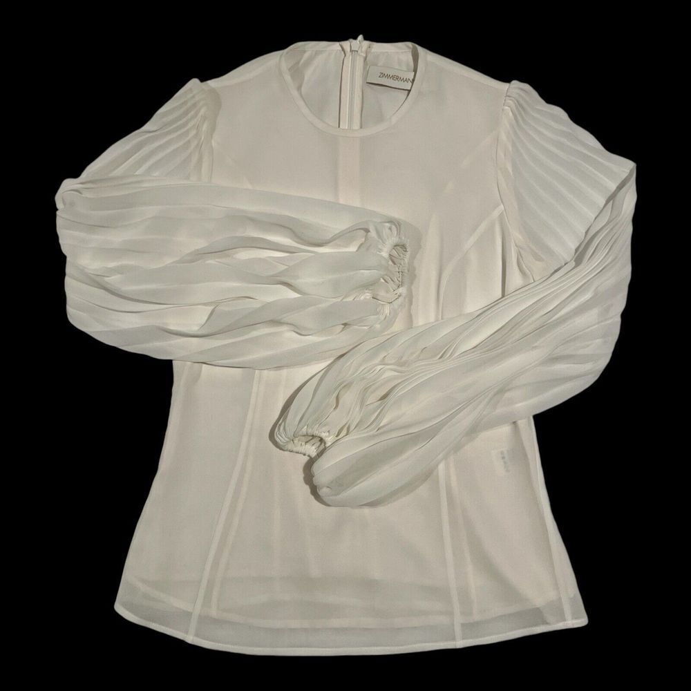 Zimmermann Crew Neck Balloon Long Sleeves Lined Blouse Back Zipper OffWhite Sz 0 - Picture 2 of 16